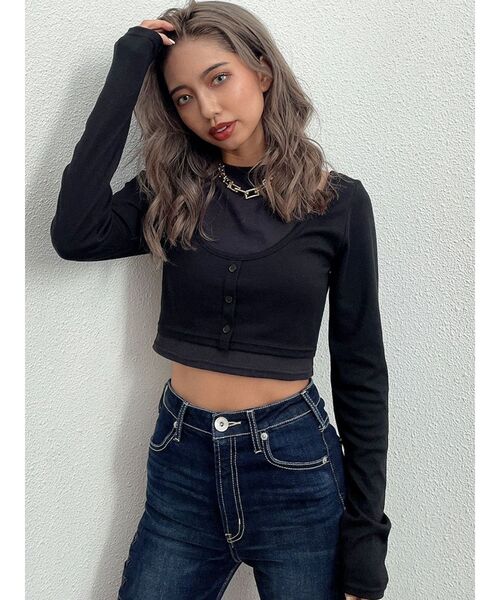 GYDA（ジェイダ）の「ドッキングレイヤードカットトップス（Tシャツ/カットソー・レディース・ブラック/グレー・FREE）」の6枚目の写真