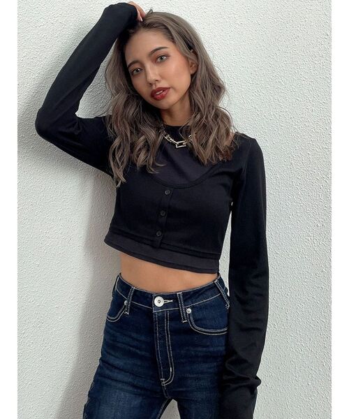 GYDA（ジェイダ）の「ドッキングレイヤードカットトップス（Tシャツ/カットソー・レディース・ブラック/グレー・FREE）」の7枚目の写真