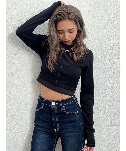 GYDA（ジェイダ）の「ドッキングレイヤードカットトップス（Tシャツ/カットソー・レディース・ブラック/グレー・FREE）」の8枚目の写真