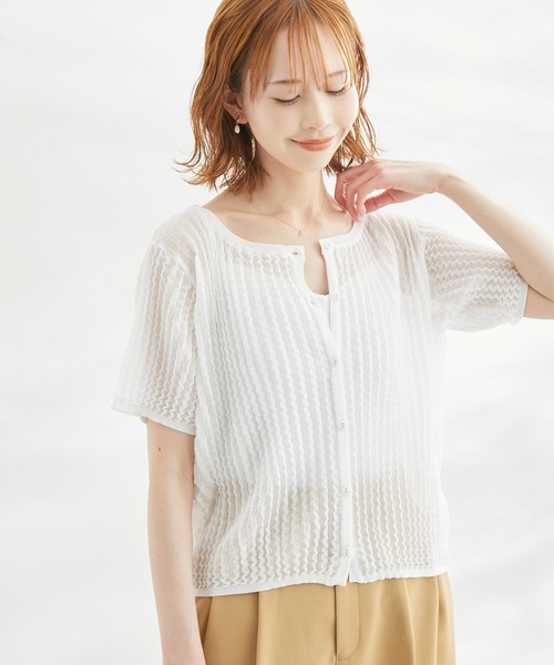 ROPE' PICNIC（ロペピクニック）の「2WAY/ポコポコ編みシアープリーツカーディガン（カーディガン/ボレロ・レディース・ホワイト/ブラック/ターコイズブルー/イエロー系その他・38）」の2枚目の写真