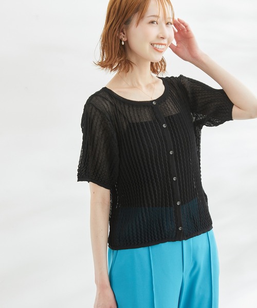 ROPE' PICNIC（ロペピクニック）の「2WAY/ポコポコ編みシアープリーツカーディガン（カーディガン/ボレロ・レディース・ホワイト/ブラック/ターコイズブルー/イエロー系その他・38）」の3枚目の写真