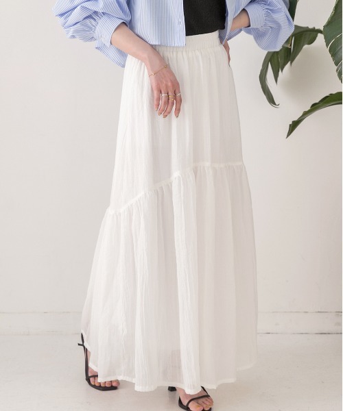 ad thie（アドティエ）の「ふんわり柔らか ティアード ロングスカート（スカート・レディース・オフホワイト/ブラック/ベージュ/イエロー・FREE）」の2枚目の写真