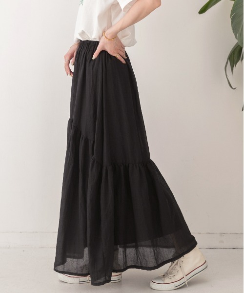 ad thie（アドティエ）の「ふんわり柔らか ティアード ロングスカート（スカート・レディース・オフホワイト/ブラック/ベージュ/イエロー・FREE）」の9枚目の写真