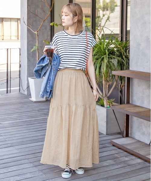 ad thie（アドティエ）の「ふんわり柔らか ティアード ロングスカート（スカート・レディース・オフホワイト/ブラック/ベージュ/イエロー・FREE）」の15枚目の写真