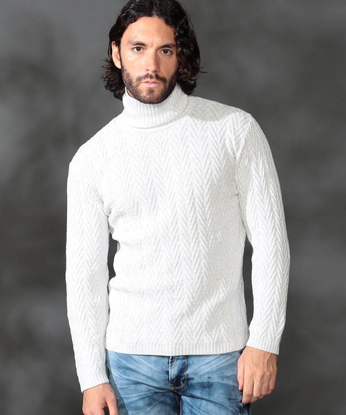 HIDEAWAYS NICOLE（ハイダウェイニコル）の「【WEB限定】ヘリンボーンJQタートルネックニット（ニット/セーター・メンズ・ホワイト×ブラック/ボルドー/オレンジ/ベージュ系その他/ブラック×グレー/ホワイト×ライトグレー・X-LARGE/LARGE/MEDIUM）」の4枚目の写真