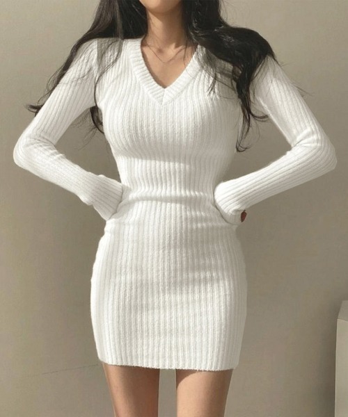 セール】【新色追加】ミニニットワンピース スリムフィット韓国