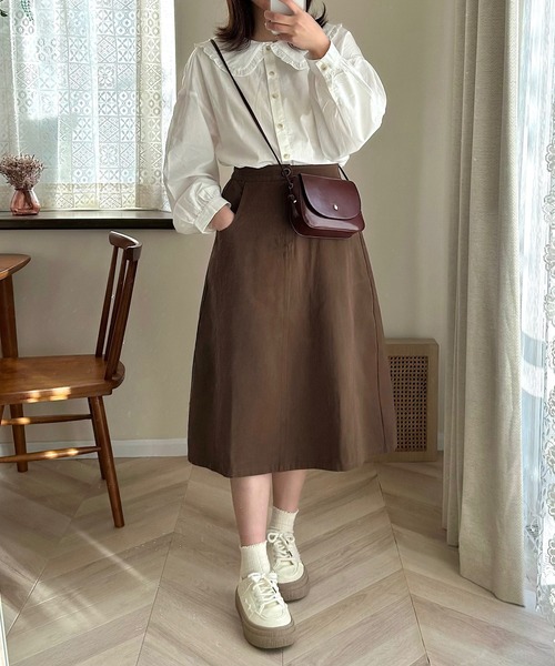 Cham.（チャム）の「Aラインフレアスカート（スカート・レディース・カーキ/オフホワイト/ブラウン・F）」の5枚目の写真