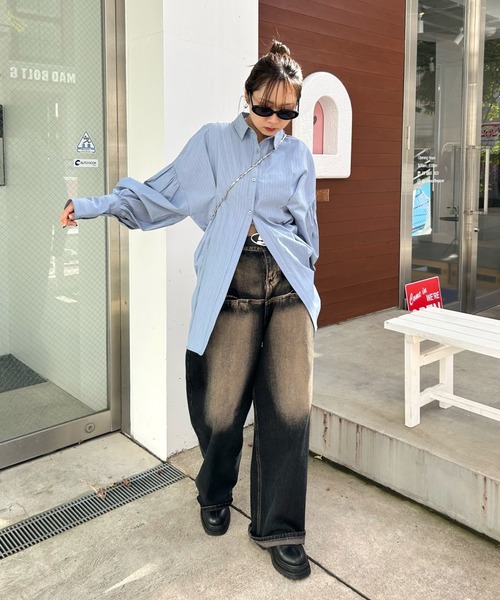 新品 未使用 yummy rose ラインモックネック シャツ ブラック L Line Mock L/S