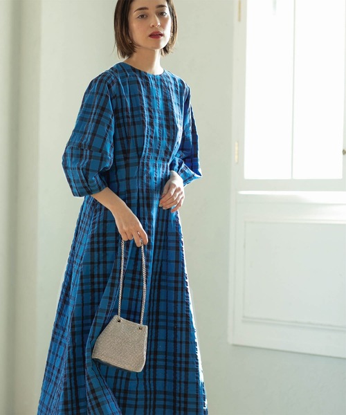 OPAQUE.CLIP（オペークドットクリップ）の「◆サッカーチェックタックフレアワンピース【洗える】（ワンピース・レディース・ブルー系その他/ブラック・36/42/40/38）」の9枚目の写真