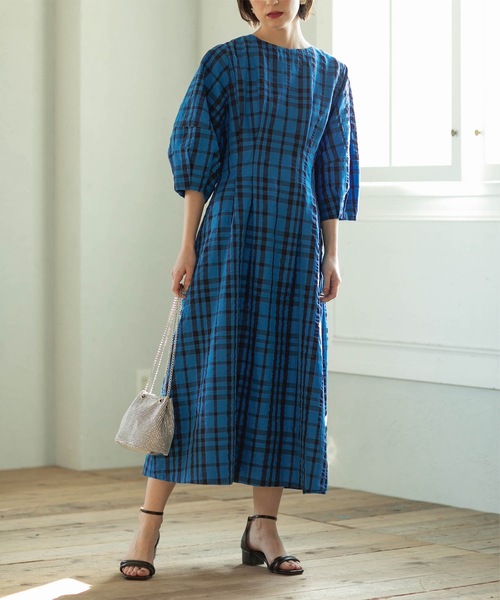 OPAQUE.CLIP（オペークドットクリップ）の「◆サッカーチェックタックフレアワンピース【洗える】（ワンピース・レディース・ブルー系その他/ブラック・36/42/40/38）」の10枚目の写真