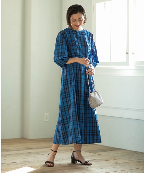 OPAQUE.CLIP（オペークドットクリップ）の「◆サッカーチェックタックフレアワンピース【洗える】（ワンピース・レディース・ブルー系その他/ブラック・36/42/40/38）」の12枚目の写真