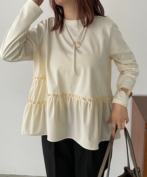 antic rag（アンティックラグ）の「シャーリングティアードペプラムプルオーバー（Tシャツ/カットソー・レディース・ホワイト/グレー/ブラック・FREE）」の2枚目の写真