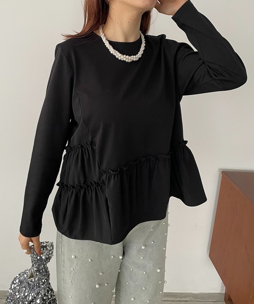 antic rag（アンティックラグ）の「シャーリングティアードペプラムプルオーバー（Tシャツ/カットソー・レディース・ホワイト/グレー/ブラック・FREE）」の9枚目の写真