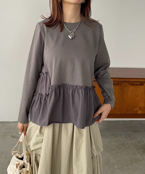 antic rag（アンティックラグ）の「シャーリングティアードペプラムプルオーバー（Tシャツ/カットソー・レディース・ホワイト/グレー/ブラック・FREE）」の15枚目の写真