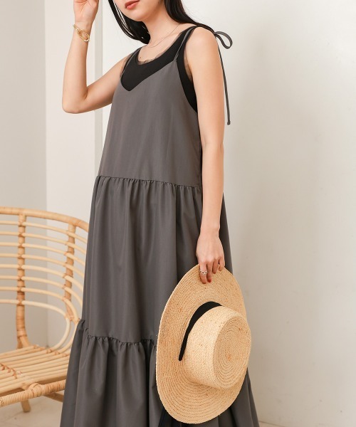 Bab（バブ）の「【低身長向けサイズあり】リボンストラップティアードワンピース（ワンピース・レディース・ライトカーキ/ブラック/チャコールグレー/モカ/ベージュ/オレンジ・S/M）」の8枚目の写真