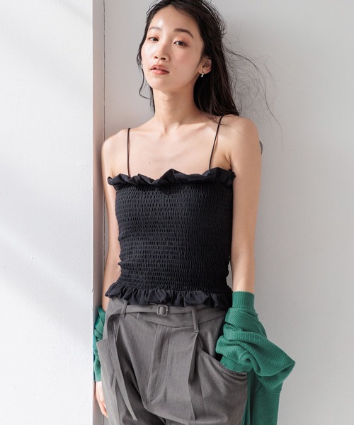 黒 シャーリングキャミソール カップ付き 】シャーリングギャザードレープキャミソール