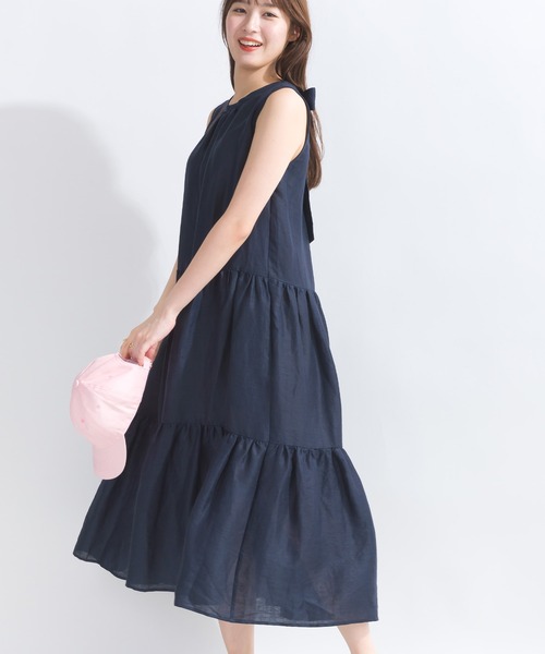 PICCIN（ピッチン）の「バックリボンティアードリネンワンピース（ワンピース・レディース・ベージュ/ネイビー/ピンク・M）」の2枚目の写真