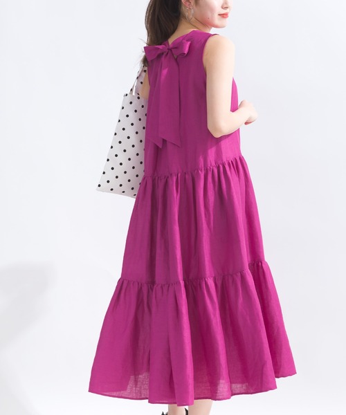 PICCIN（ピッチン）の「バックリボンティアードリネンワンピース（ワンピース・レディース・ベージュ/ネイビー/ピンク・M）」の3枚目の写真