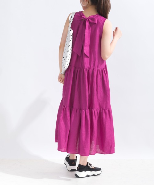 PICCIN（ピッチン）の「バックリボンティアードリネンワンピース（ワンピース・レディース・ベージュ/ネイビー/ピンク・M）」の6枚目の写真