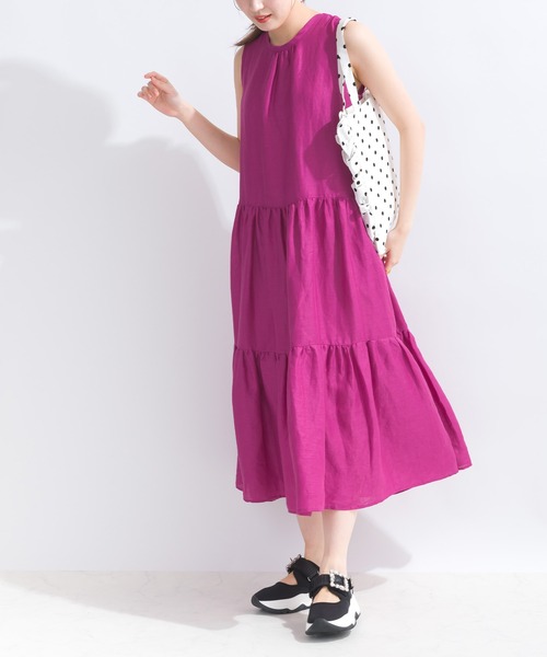 PICCIN（ピッチン）の「バックリボンティアードリネンワンピース（ワンピース・レディース・ベージュ/ネイビー/ピンク・M）」の5枚目の写真