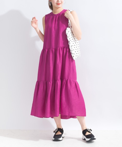 PICCIN（ピッチン）の「バックリボンティアードリネンワンピース（ワンピース・レディース・ベージュ/ネイビー/ピンク・M）」の4枚目の写真