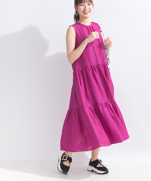 PICCIN（ピッチン）の「バックリボンティアードリネンワンピース（ワンピース・レディース・ベージュ/ネイビー/ピンク・M）」の7枚目の写真