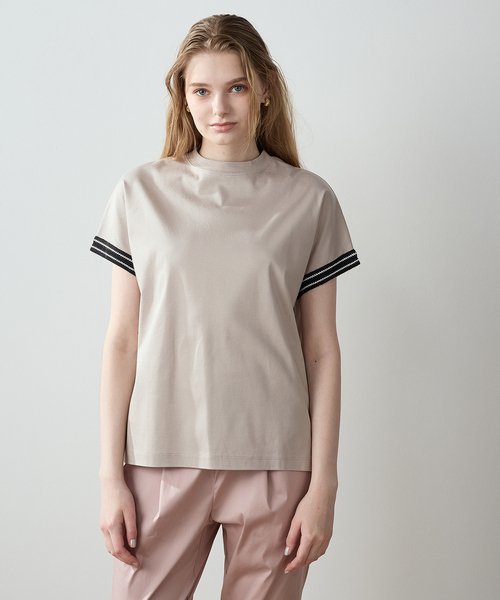 LE SOUK HOLIDAY(ルスークホリデー)の「【接触冷感】袖テープモックネックTシャツ(Tシャツ/カットソー・レディース・グリーン/ピンク/カーキ/オフホワイト/ベージュ・L/M)」の1枚目の写真