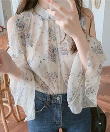 オープンショルダー小花柄シフォンブラウス