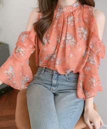 オープンショルダー小花柄シフォンブラウス