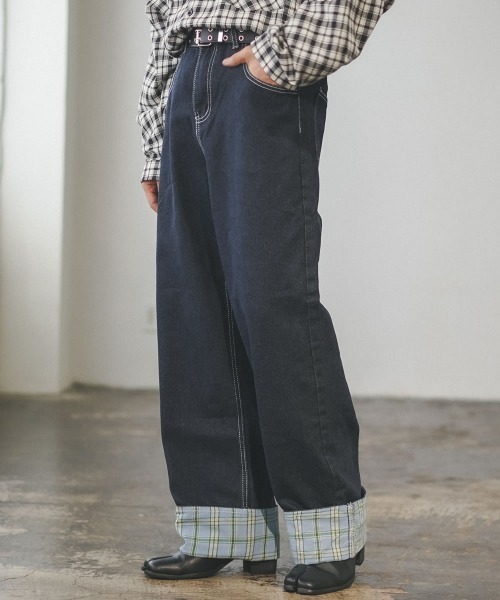 セール】レトロチェックロールアップストレートデニムパンツ