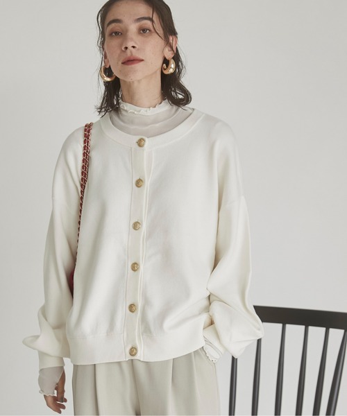 セール】金ボタン / ゴールドボタン クルーネック ニットカーディガン