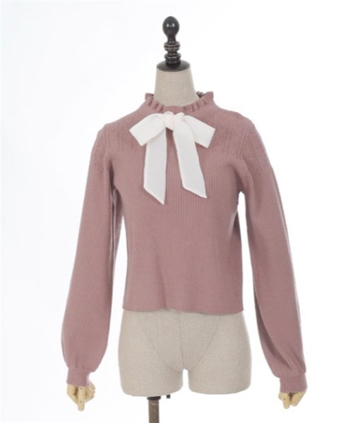 axes femme POETIQUE（アクシーズファムポエティック）の「リボン付ニットプルオーバー（ニット/セーター・レディース・ピンク/ブラック/キナリ・MEDIUM）」の7枚目の写真