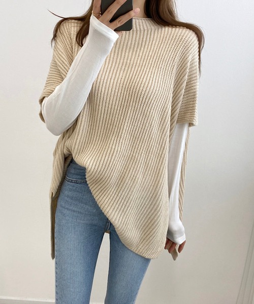 Doula Doula（ドゥーラドゥーラ）の「サイドスリットポンチョニットベスト（ベスト・レディース・キャメル/ブラック/グレー・FREE）」の13枚目の写真