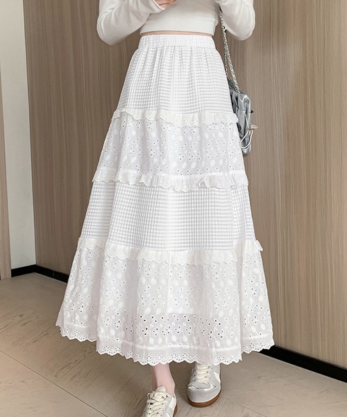 Lace Ladies(レースレディース)の「フレンチ パッチワーク風 ティアード フリル スカート(スカート・レディース・ホワイト・S/M/XL)」の1枚目の写真