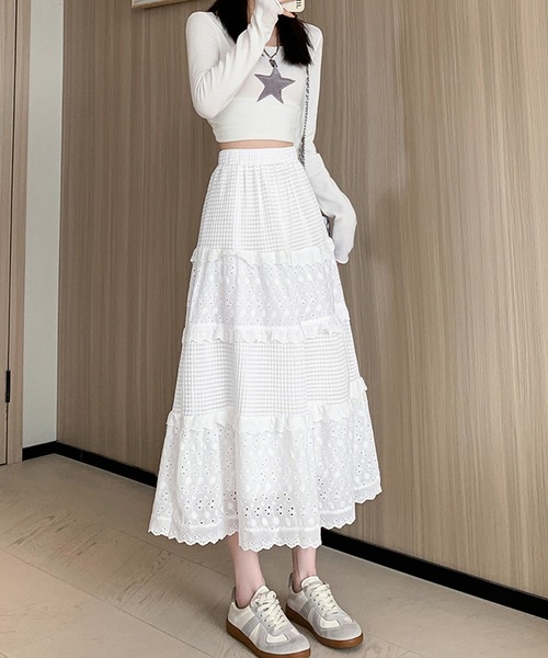 Lace Ladies(レースレディース)の「フレンチ パッチワーク風 ティアード フリル スカート(スカート・レディース・ホワイト・S/M/XL)」の2枚目の写真