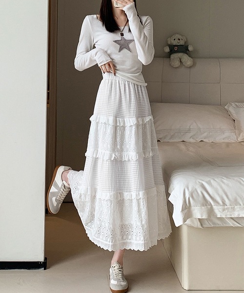 Lace Ladies(レースレディース)の「フレンチ パッチワーク風 ティアード フリル スカート(スカート・レディース・ホワイト・S/M/XL)」の3枚目の写真