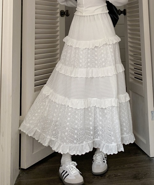 Lace Ladies(レースレディース)の「フレンチ パッチワーク風 ティアード フリル スカート(スカート・レディース・ホワイト・S/M/XL)」の5枚目の写真