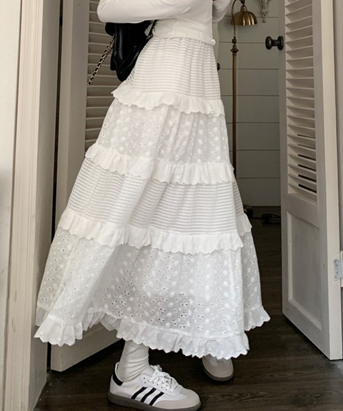 Lace Ladies(レースレディース)の「フレンチ パッチワーク風 ティアード フリル スカート(スカート・レディース・ホワイト・S/M/XL)」の6枚目の写真