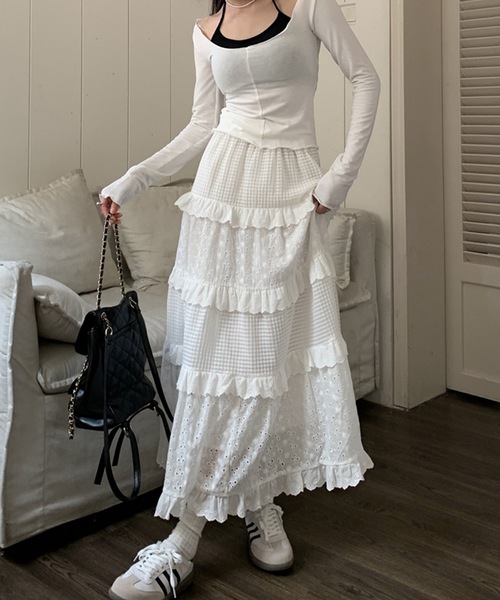 Lace Ladies(レースレディース)の「フレンチ パッチワーク風 ティアード フリル スカート(スカート・レディース・ホワイト・S/M/XL)」の7枚目の写真