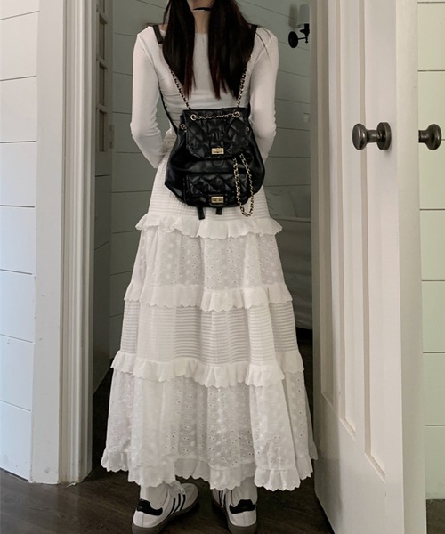 Lace Ladies(レースレディース)の「フレンチ パッチワーク風 ティアード フリル スカート(スカート・レディース・ホワイト・S/M/XL)」の8枚目の写真