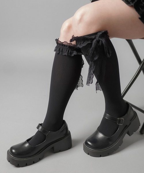 SPINNS(スピンズ)の「リボンレースデザイン シアーハイソックス(ソックス/靴下・レディース・ブラック/ホワイト・ONESIZE)」の6枚目の写真