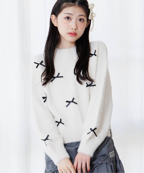 algy（アルジー）の「りぼんシャギーニット（ニット/セーター・キッズ・アイボリー/ブラック/ピンク・SMALL/MEDIUM/X-SMALL/XX-SMALL/XXX-SMALL）」の2枚目の写真