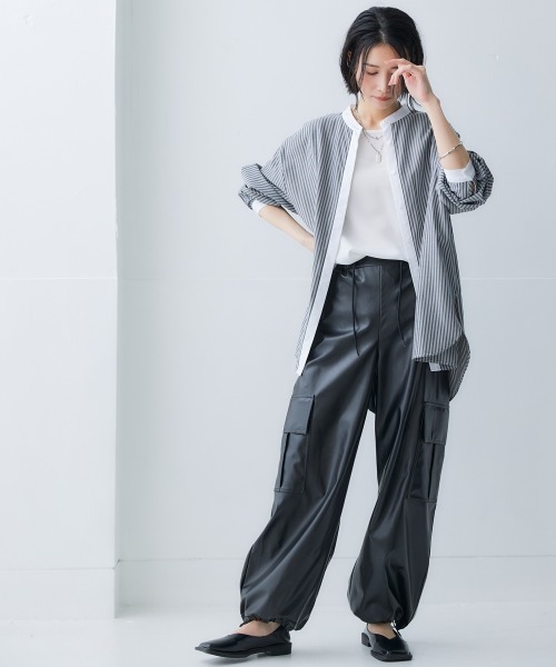 Soiunique（スワユニーク）の「【販売終了】バンドカラーストライプロング丈シャツ ［Soiunique］（シャツ/ブラウス・レディース・グレー系/ブルー系・L-XL/S-M）」の4枚目の写真