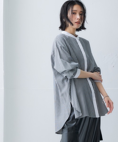 Soiunique（スワユニーク）の「【販売終了】バンドカラーストライプロング丈シャツ ［Soiunique］（シャツ/ブラウス・レディース・グレー系/ブルー系・L-XL/S-M）」の5枚目の写真