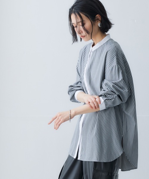 Soiunique（スワユニーク）の「【販売終了】バンドカラーストライプロング丈シャツ ［Soiunique］（シャツ/ブラウス・レディース・グレー系/ブルー系・L-XL/S-M）」の6枚目の写真