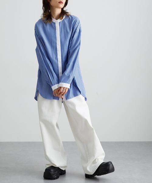 Soiunique（スワユニーク）の「【販売終了】バンドカラーストライプロング丈シャツ ［Soiunique］（シャツ/ブラウス・レディース・グレー系/ブルー系・L-XL/S-M）」の7枚目の写真
