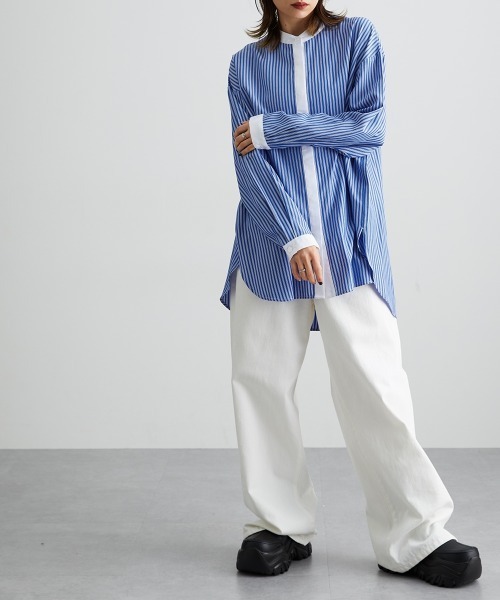 Soiunique（スワユニーク）の「【販売終了】バンドカラーストライプロング丈シャツ ［Soiunique］（シャツ/ブラウス・レディース・グレー系/ブルー系・L-XL/S-M）」の8枚目の写真