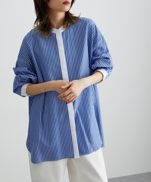 Soiunique（スワユニーク）の「【販売終了】バンドカラーストライプロング丈シャツ ［Soiunique］（シャツ/ブラウス・レディース・グレー系/ブルー系・L-XL/S-M）」の9枚目の写真