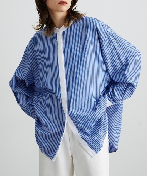 Soiunique（スワユニーク）の「【販売終了】バンドカラーストライプロング丈シャツ ［Soiunique］（シャツ/ブラウス・レディース・グレー系/ブルー系・L-XL/S-M）」の10枚目の写真