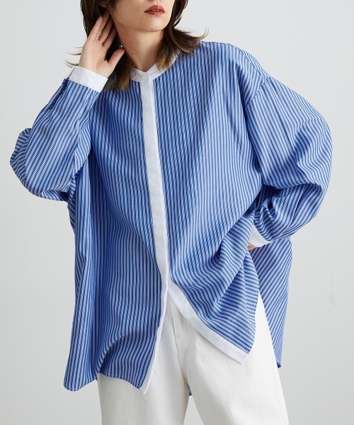 Soiunique（スワユニーク）の「【販売終了】バンドカラーストライプロング丈シャツ ［Soiunique］（シャツ/ブラウス・レディース・グレー系/ブルー系・L-XL/S-M）」の11枚目の写真